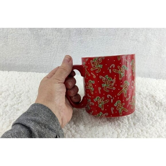 Red Gingerbread Man Mug by FAO Schwarz Shinny Candy Cane Holiday Season Xmas - Picture 4 of 9